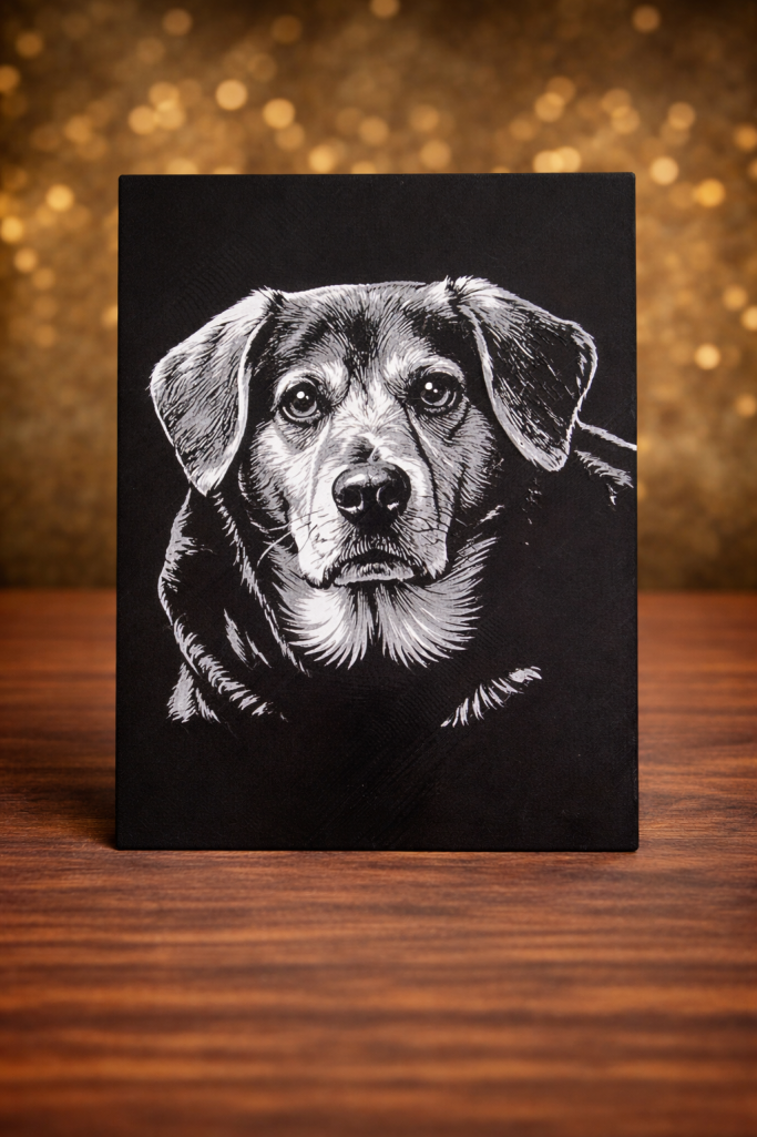 3D Printed Animal Portrait 3D printed dog portrait showing raised texture and depth on a black rectangular plaque.