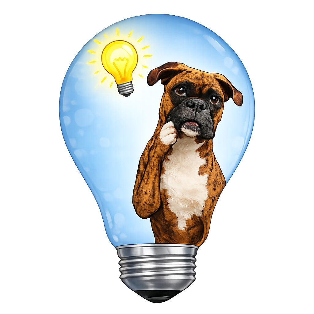 Tootsie Idea Boxer dog inside a lightbulb with a glowing bulb icon above.