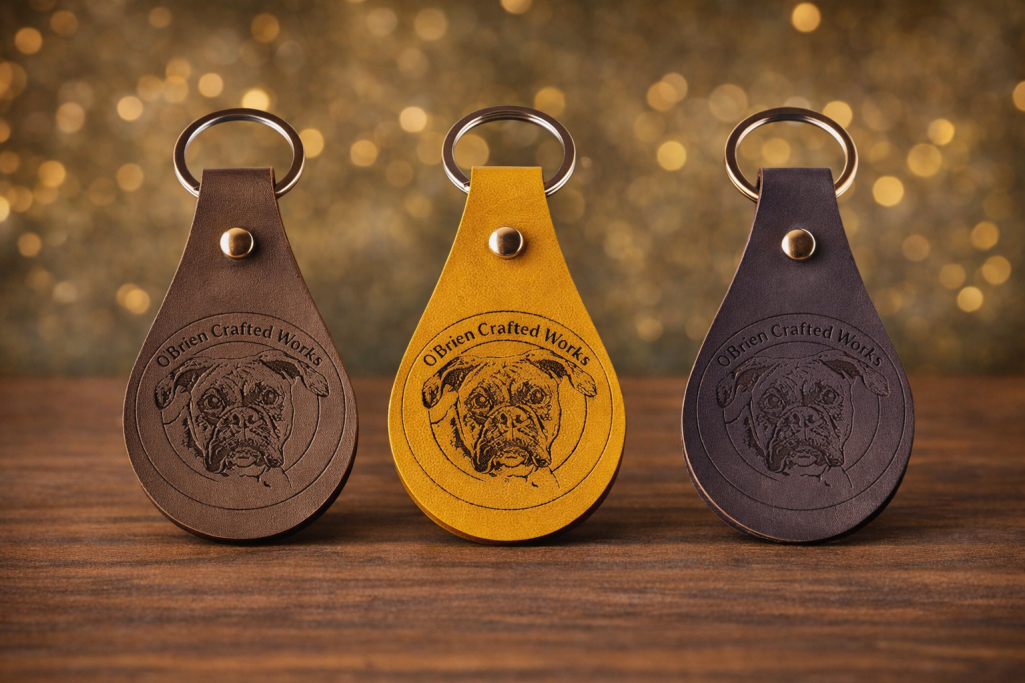Leather Key Chains Three leather keychains in brown, yellow, and black with logo design.