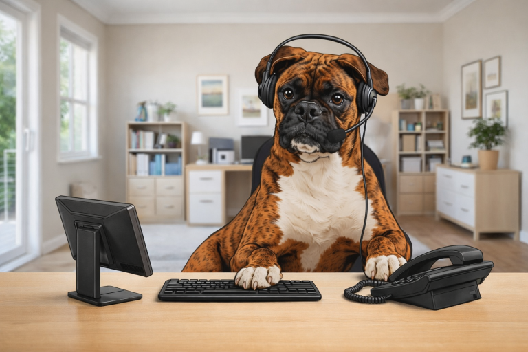Customer Service Tootsie The Boxer Boxer dog posing as a customer support agent.