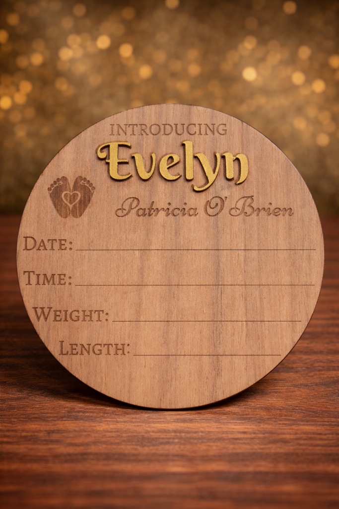 Baby Announcement Round Wooden baby announcement round engraved with blanks for date, time, weight, and length.