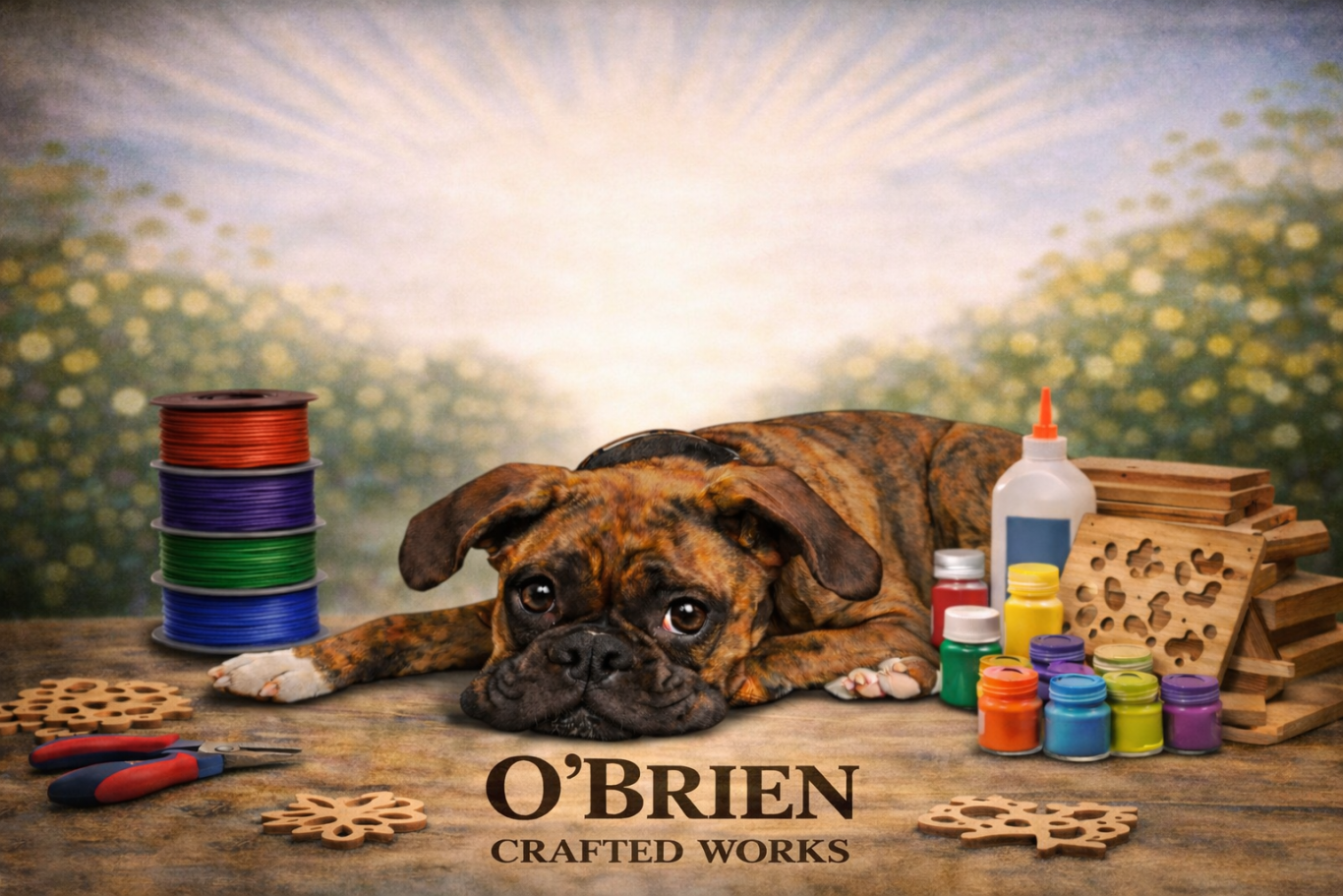 Tootsie the dog resting on a craft table with tools, logo below.